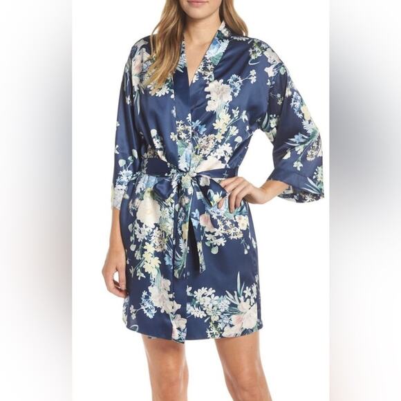 Flora Nikrooz Satin Blue Floral Print Petra Short Robe Tie Belt M/L Medium Large - Picture 12 of 12